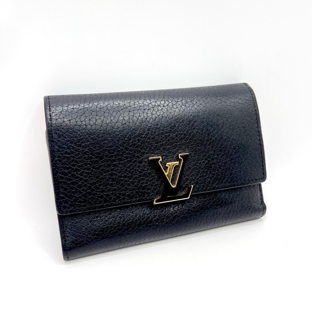 Authentic LOUIS VUITTON Portefeuille Capucines Compact Black Leather Wallet Pink